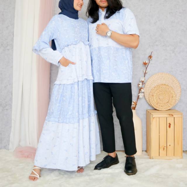 CALTHA COUPLE SKY BLUE / Gamis Couple / Gamis Lebaran / Gamis Kekinian / Gamis Kondangan