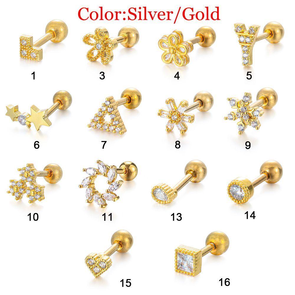 Lily 1PC Anting Tindik Tulang Rawan Perhiasan Tubuh CZ Zircon Silver/Gold Plated Stainless Steel