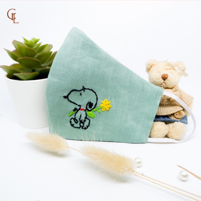 Masker Sulam Snoopy Kain Linen Hijau Charalo - Embroidery Mask