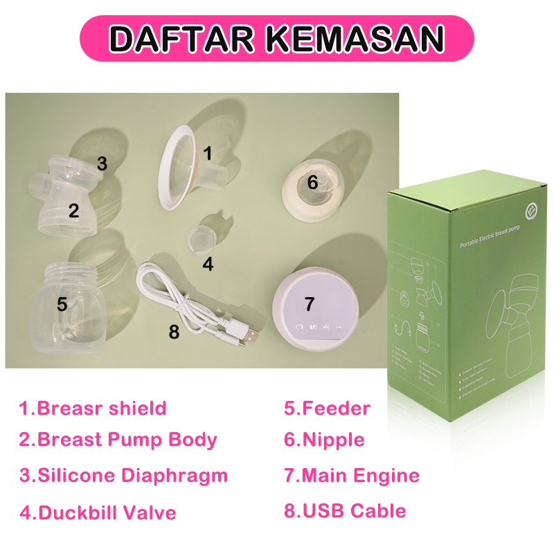 Pompa ASI Electrik Portable Rechargeable Painless Breast Pump BPA Free Tanpak Kabel 180ml Breastfeeding Gift Perlengkapan Bayi Lahir