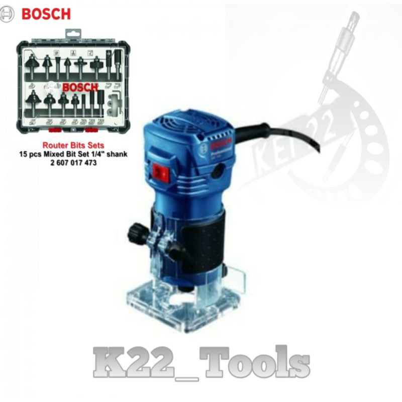 PAKET MESIN PROFIL KAYU / TRIMMER  /ROUTER BOSCH GKF 550 1/4" DAN MATA ROUTER BOSCH BIT SET 15 PCS