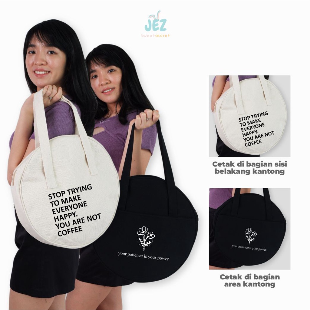 TOTEBAG BULAT CIRCLE KANVAS CUSTOM DESIGN TEBAL KUALITAS PREMIUM ZIPPER AESTHETIC TAS JINJING