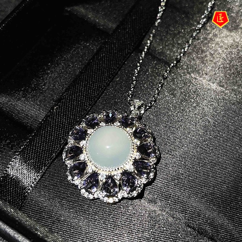 [Ready Stock]Natural White Chalcedony Necklace Ring Ear Stud Suit