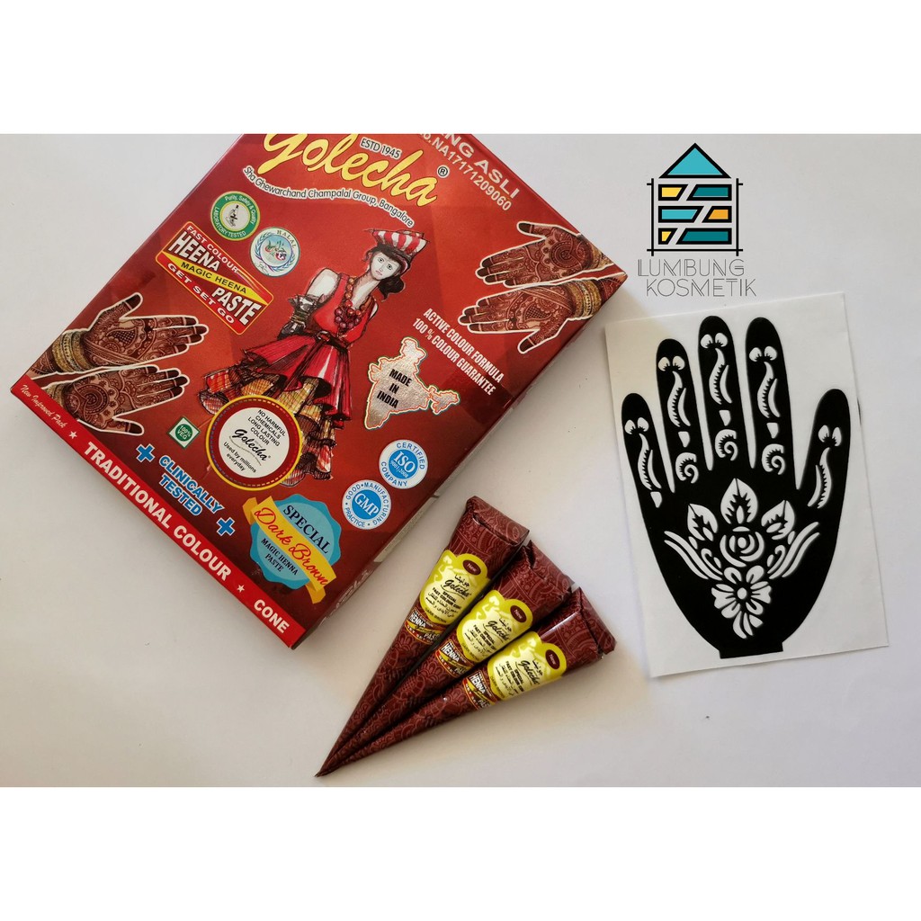 Paket Henna Golecha Cokelat Dark Brown + Cetakan Sticker Hena Ecer