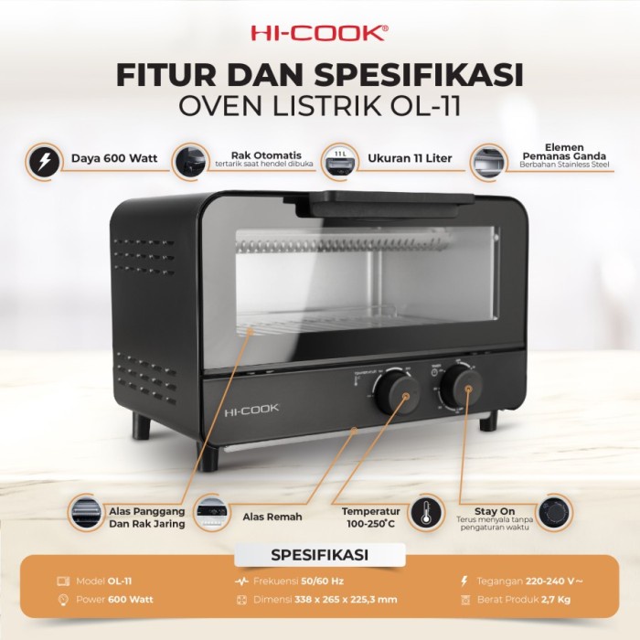 HI-Cook OL-11 Oven Listrik 11 Liter Serbaguna Low Watt OL 11