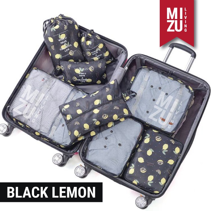 SECRET POUCH Travel Packing Cubes 8in1 Bag Organizer Tas Koper MOTIF-BLACK Lemon