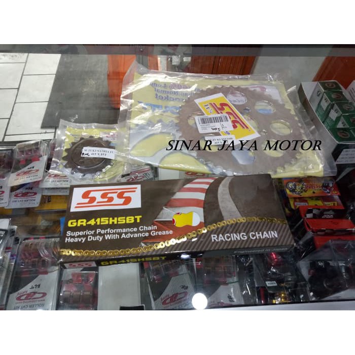 Gear Set SSS Satria PH H-25 Fu 415 35 - 40 Rantai Gold, Biru Merah, Hijau