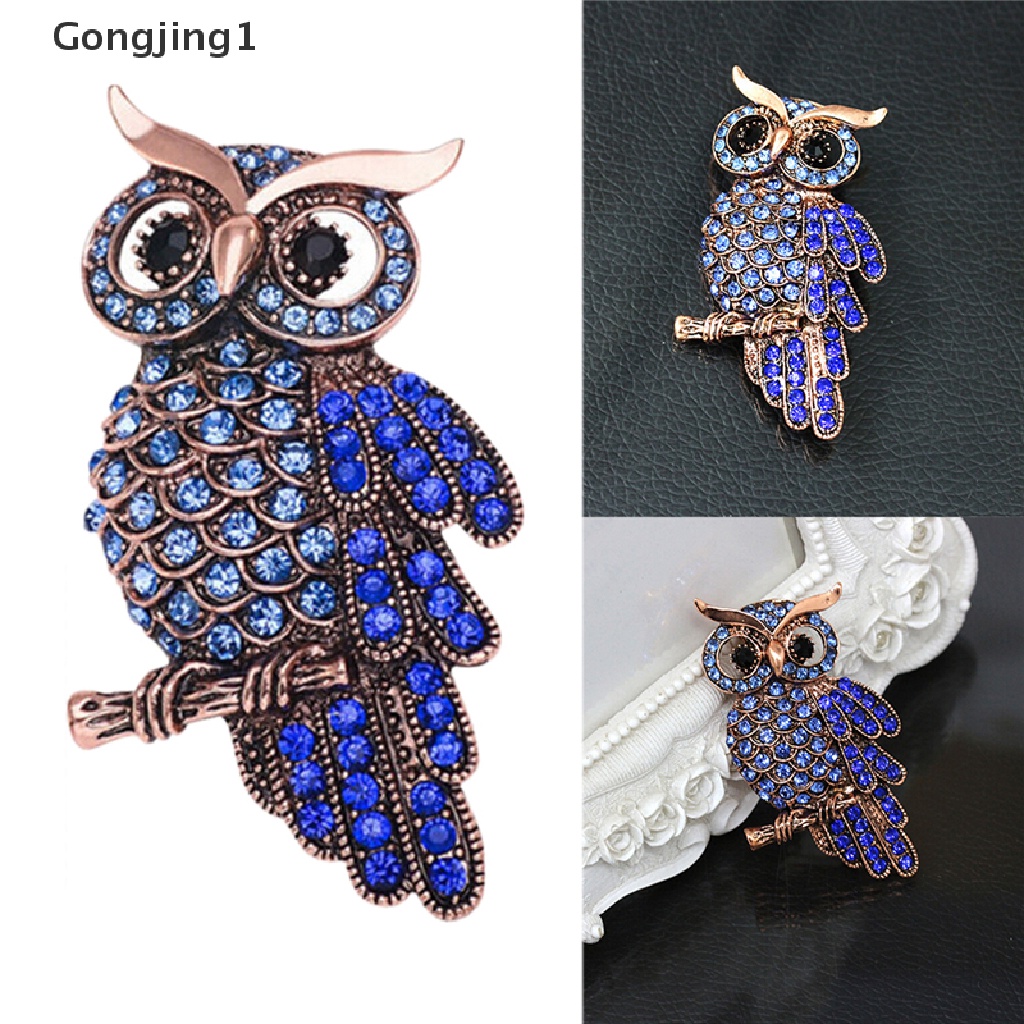 Gongjing1 Bros Pin Bentuk Burung Hantu Emas Aksen Berlian Imitasi Biru Gaya Vintage