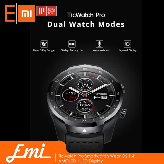 Ticwatch Pro Smartwatch Wear OS 1.4&quot; AMOLED + LED Display - Hitam