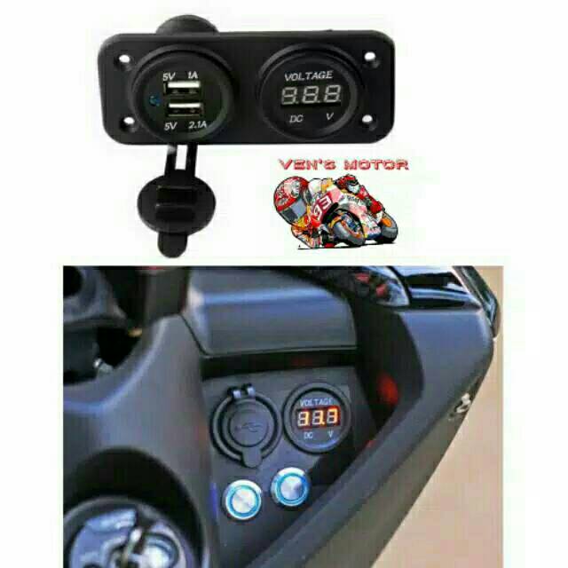 CHARGER MOTOR N-MAX DUEL USB PORT DENGAN VOLMETER WATERPROOF/VOLMETER BIRU/VOLMETER RED