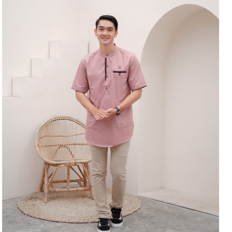 Baju koko kurta pria lengan pendek atasan muslim pria toyobo- Pink salem