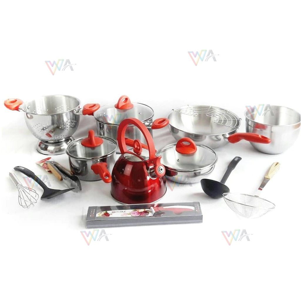 Panci Set Supra 18Pcs Stainless Warna Merah