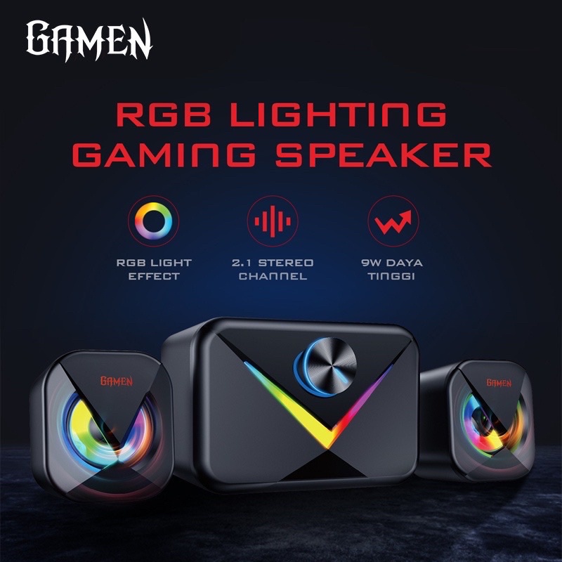 GAMEN Multimedia Speaker Gaming GS10 2.1CH Subwoofer with RGB Lights For Handphone / Computer / PC / Laptop / Super Bass Original - Garansi 1 Tahun