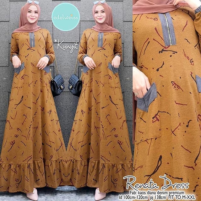 Gamis Wanita Calvin Jeans Diana Busui Tebal Melar Nyaman di Pakai Fane Levila Gamis Muslim Kekinian-RENATA KUNYIT