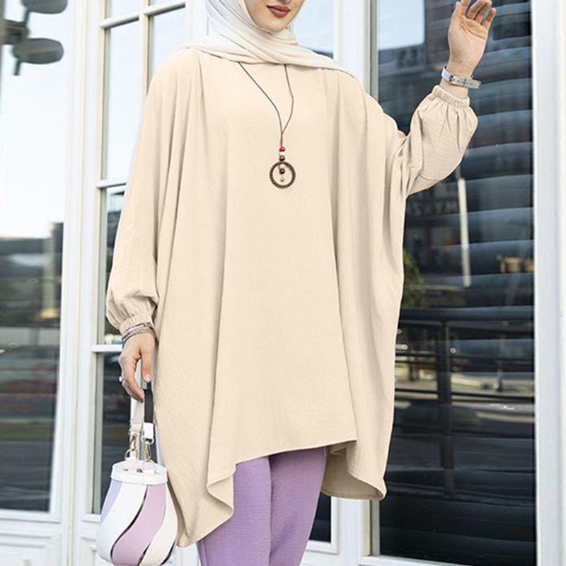 ZANZEA Women Fashion Casual Full Sleeve  Solid Color Irregular Hem Retro Muslim Blouse