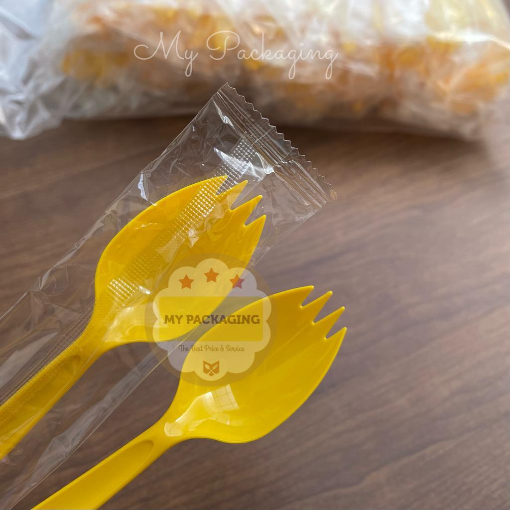 Sendok Plastik PREMIUM Ujung Garpu 100pcs - SPOON FORK SPORK WRAPPING Sudah Dibungkus PLASTIK satuan - Bagus Kuat Halus tidak kasar