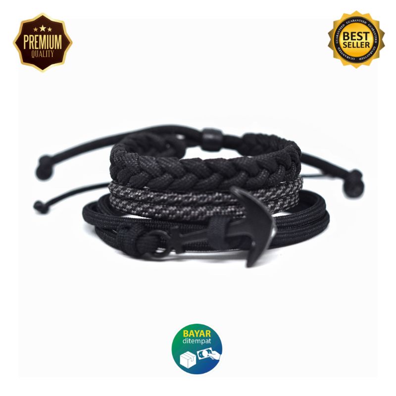 Gelang Pria Keren Cowok Laki Paket Set Prusik Paracord Hitam Black Premium