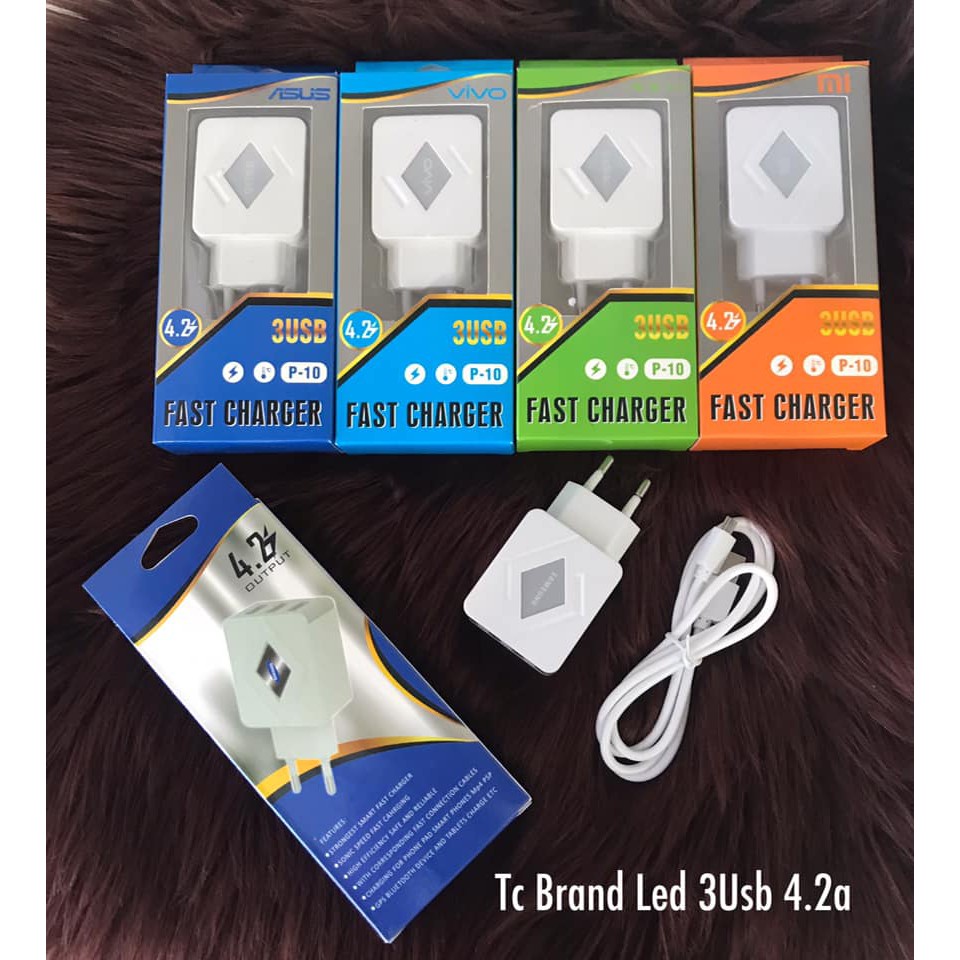 Travel Charger Brand P10 3usb SAMSUNG OPPO XIAOMI VIVO ASUS 4.2A PLUS KABEL