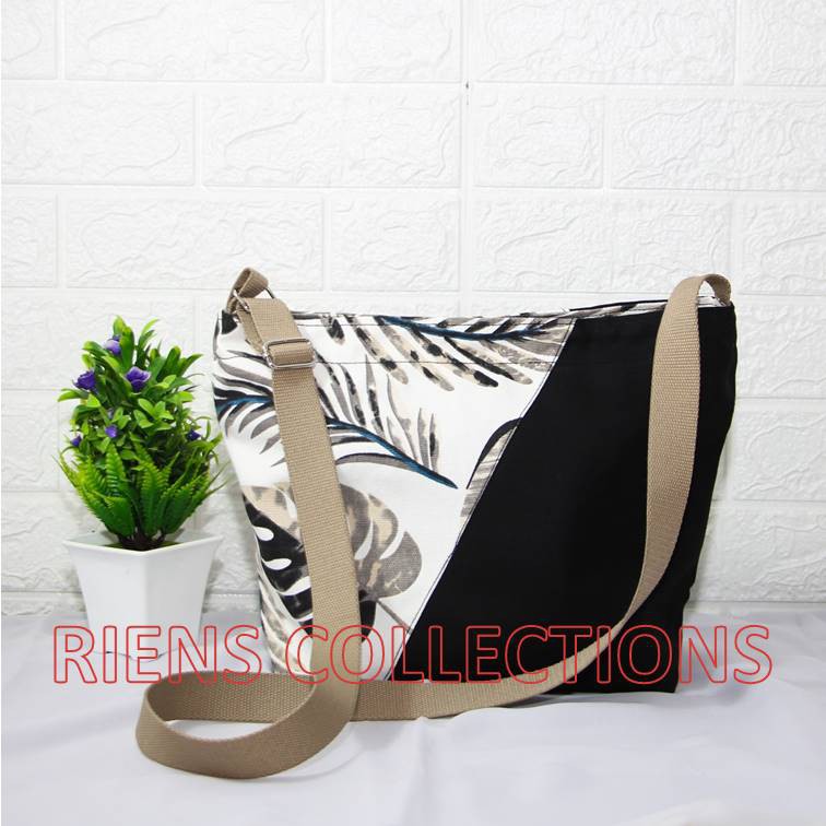 RIENS COLLECTIONS. TAS SELEMPANG SLING BAG KANVAS KOMBINASI FLORAL LATAR PUTIH SLC0105