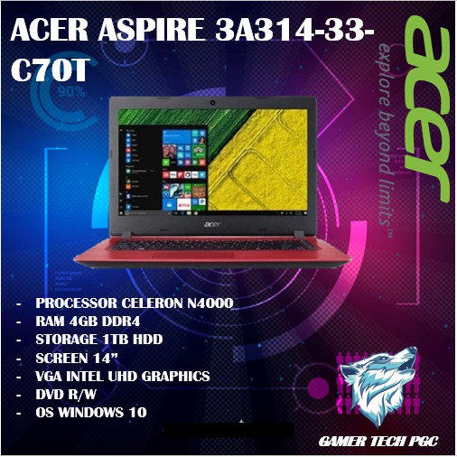 ACER Aspire 3 A314-33-C70T/DUALCORE N4000/RAM 4GB/1TB HDD/14/DVD/OBSIDANT RED