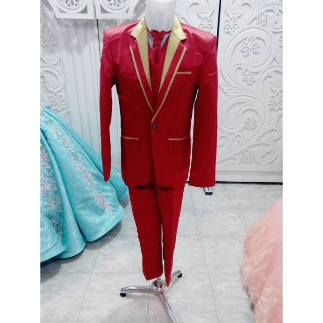 Jas pengantin pria merah gold bahan bridal beskap stelan
