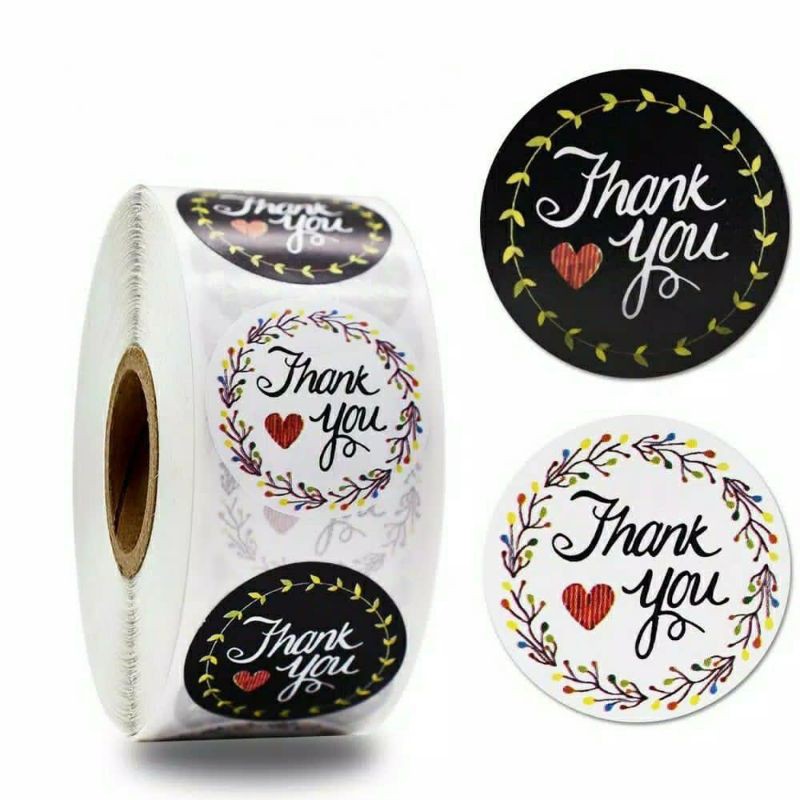 Stiker lebel motif bulat thank you / tempelan stiker tulisan thanks you isi 100 pcs-White black