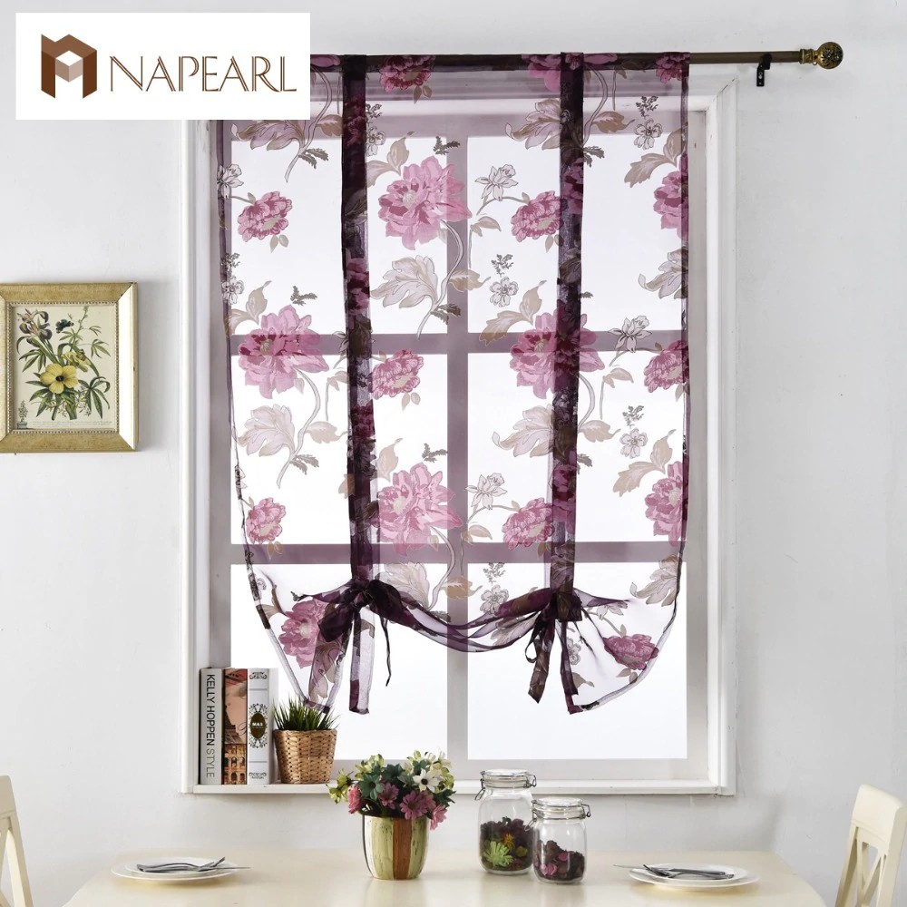 Napearl Floral Roman Curtains Short Kitchen Valance Curtains Purple Tulle Fabrics Sheer Panel Shopee Indonesia