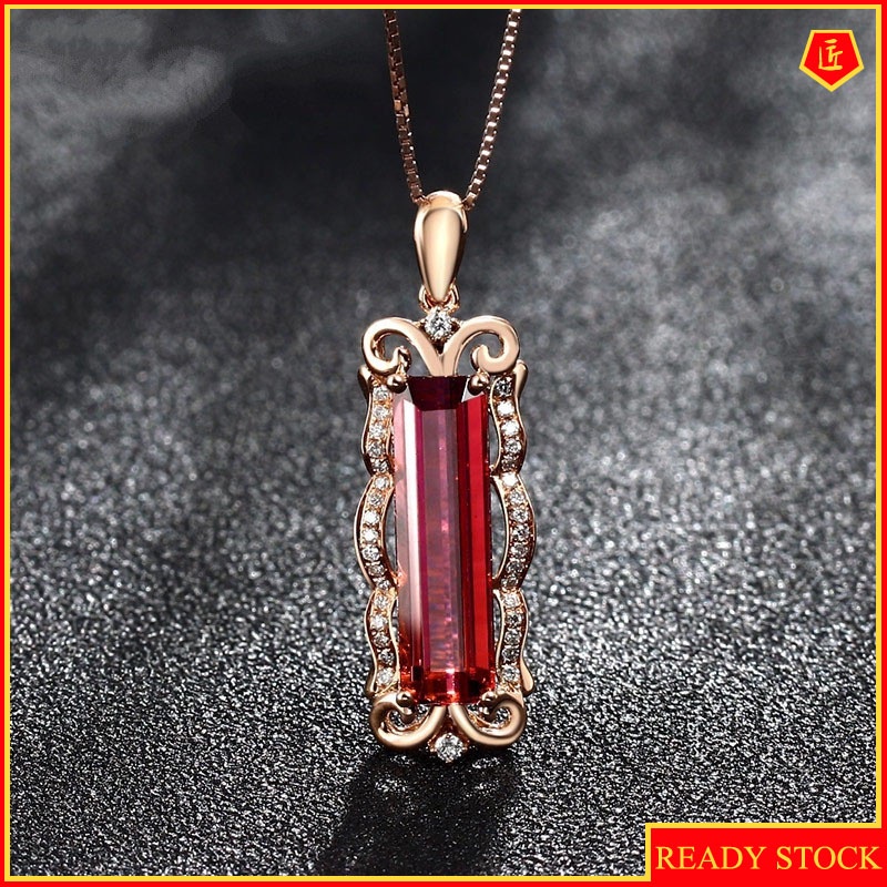 [Ready Stock]Fashion Inlaid Ruby Pendant 18K Rose Gold Plated Necklace