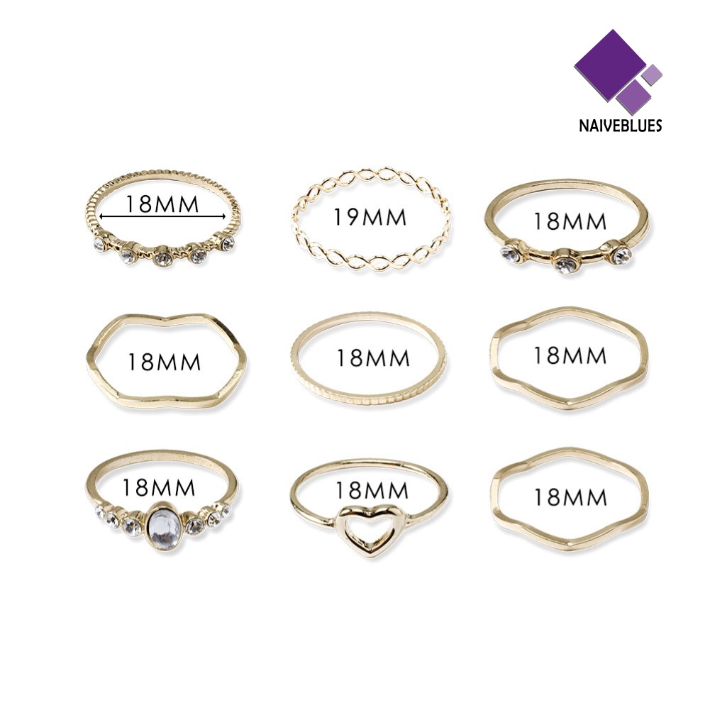 9pcs / Set Cincin Jari Wanita Model Gelombang Hati Hollow Hias Mutiara Imitasi Untuk Pesta