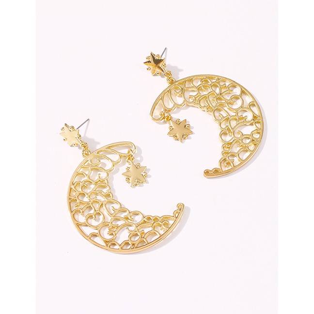 LRC Anting Tusuk Fashion Pentagram Moon Hollow Alloy Earrings K25891