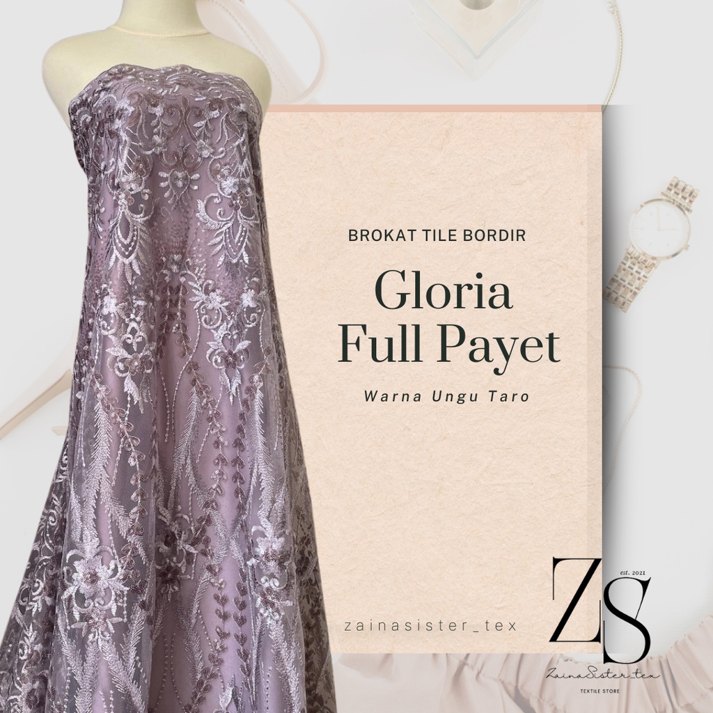 Bahan Kain Brukat Tile Bordir Payet Meteran Mewah Premium Gloria Edition Warna Ungu Taro