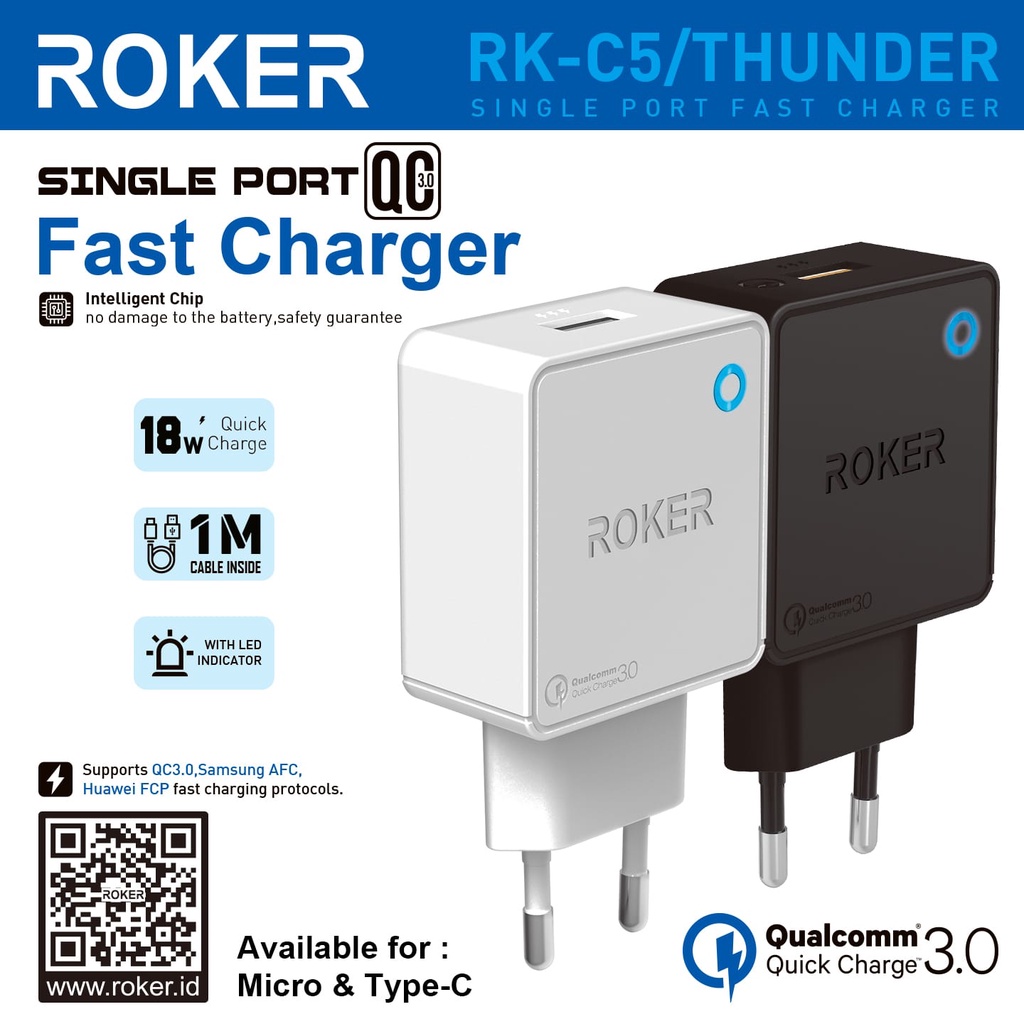 Charger ROKER Thunder RK-C5 QC 3.0 Qualcomm Adapter Quick Charger Data Cable Micro USB 100cm