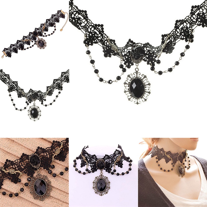 Lolita Kalung Choker Bahan Lace Motif Bunga Mawar Warna Hitam Gaya Gothic Untuk Wanita