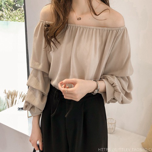 #Sisjuly# Wanita gaya Korea satu kata leher off-the-shoulder kemeja sifon longgar desain licik kemej