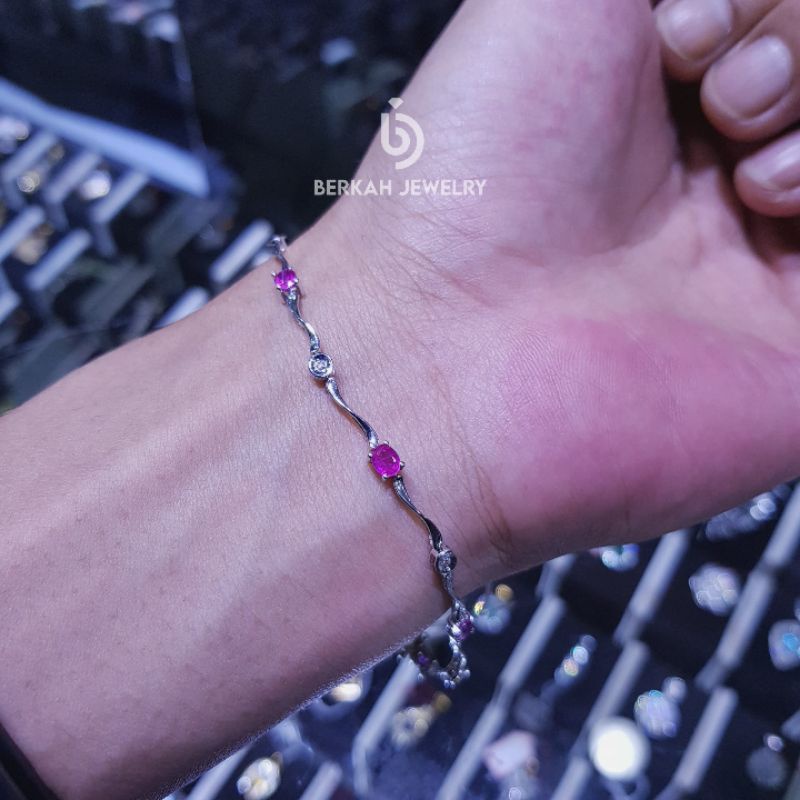 Gelang emas putih 75% 18K berlian asli dan batu Pink Sapphire