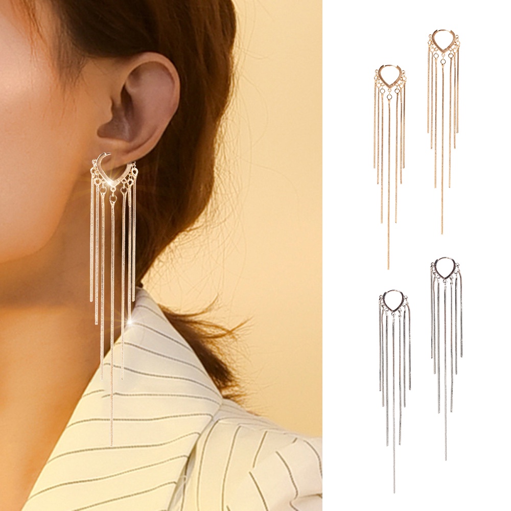 Korean Fashion Long Chain Heart Tassel Drop Earrings For Women