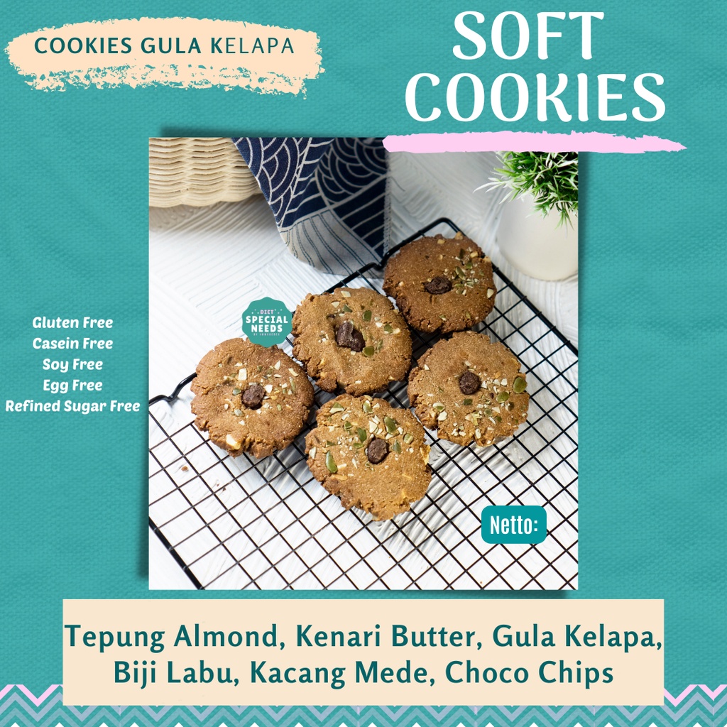 

SOFT COOKIES satuan Lezat Istimewa Gluten Free Dairy Free Refined Sugar Free Margarine Free Soy Free Tanpa Bahan Pengawet Diet Special Needs