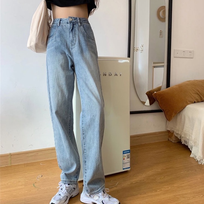 Lurus Jeans Biru Muda Highwaist lurus Jeans Wanita