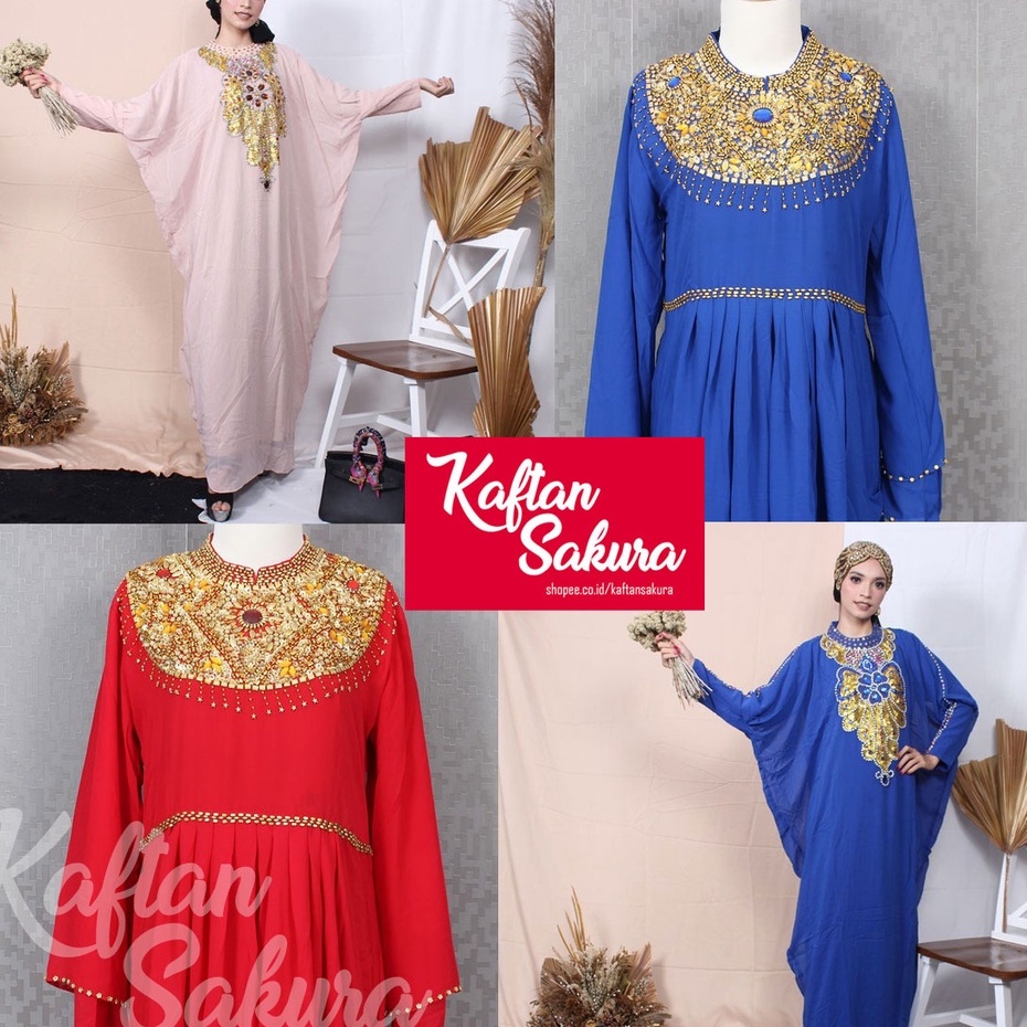 Dress Kaftan Wanita model Gemini Payet warna merah biru coklat terbaru untuk pesta kondangan dan lebaran 2022 mewah kekinian