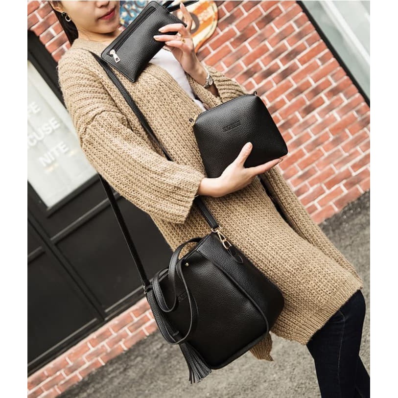 3in1 Tas Batam bag IMPOR Wanita Tassel #14 Bucket Korea Fashion Tote Kulit Selempang Slempang Cewe