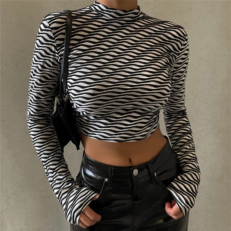 Suhao Eropa dan Amerika Setengah Turtleneck Dicetak Stringed Lengan Panjang Top Wanita Musim Gugur Seksi Crop Legging