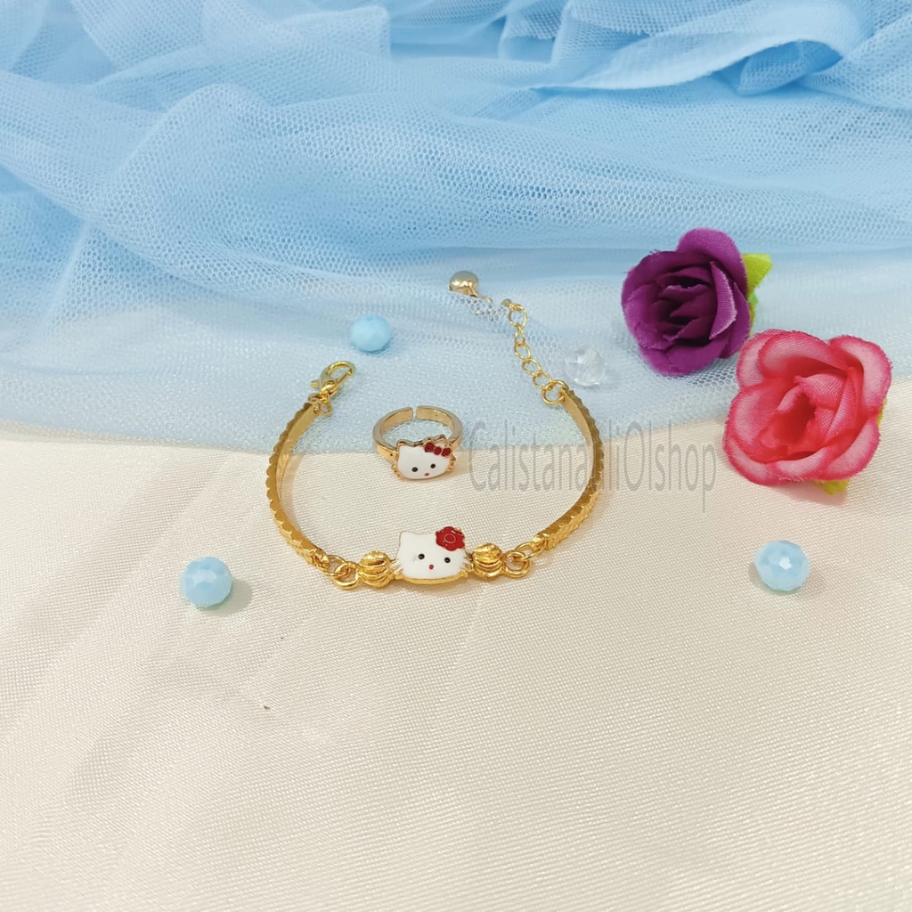 GELANG+CINCIN ANAK KITTY GOLD PERHIASAN EMAS KOREA ANTI KARAT DAN ANTI LUNTUR