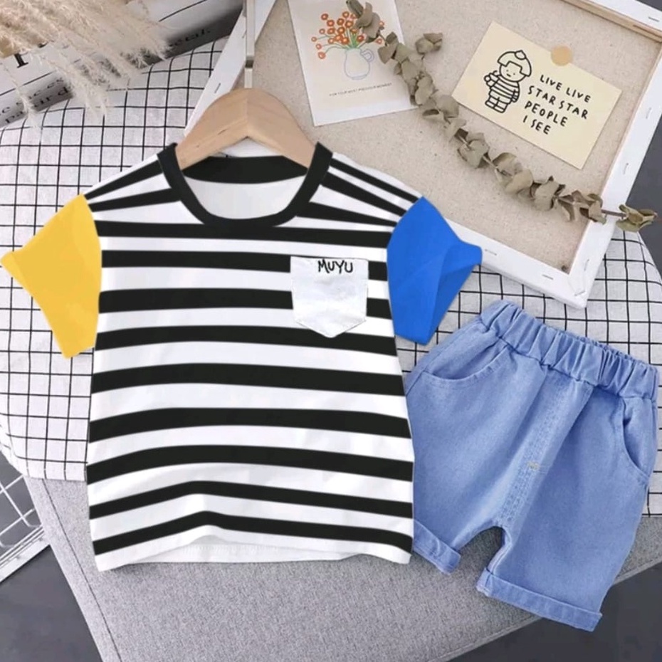 BISA COD / PROMO / FASHION BAJU ANAK MOTIF SALUR MUYU DENIM / SETELAN ANAK LAKI-LAKI DAN ANAK PEREMPUAN USIA 6-10BLN 1-5THN / MOTIF BAJU GARIS DAN LENGAN YANG BERBEDA-BEDA WARNA / BAHAN COMBED CELANA DENIM PENDEK / KEREN BILA DIPAKAI SIBUAH HATI LUCU