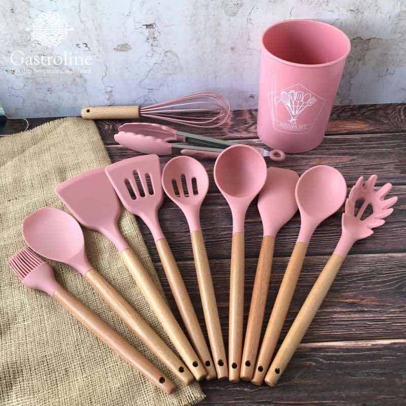 Spatula Silicon Set 12 Pcs - Sodet Silicon Anti Panas Masak Sutil Pegangan Kayu Baking