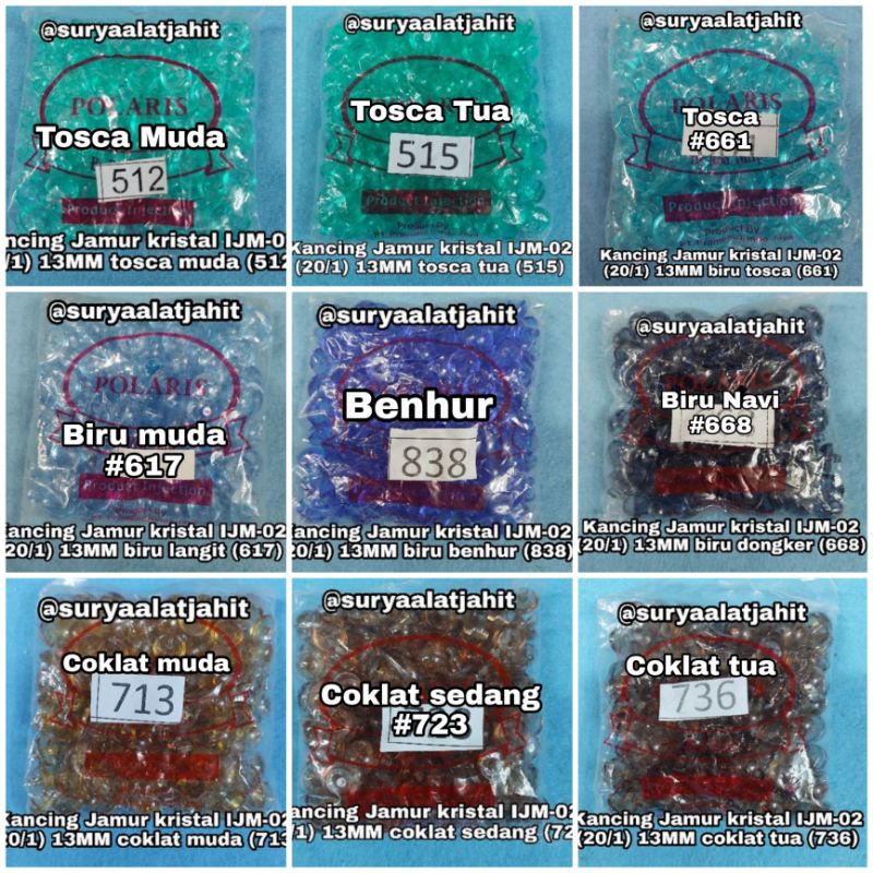 Kancing Jamur kristal 20L/1.2cm (IJM-02) @1gros =rp.6.500/144pcs