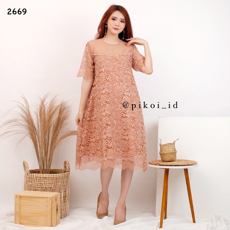 Dress brukat imlek kondangan pesta merah / dress brokat korean style / dress lace bangkok / 2669