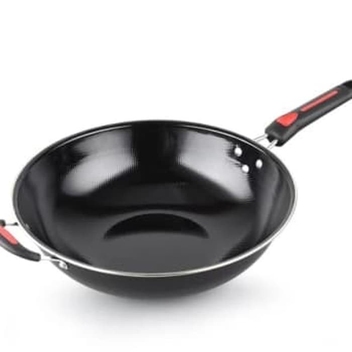 Wajan Hitam Enamel 32 cm Kuali Wajan / Wok Pan 32cm Gagang + Kuping