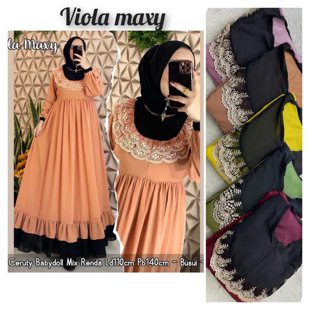 Gamis Wanita Muslim Baju Muslimah Modern Terbaru Viola Maxi Dress Ceruti Babydoll Polos Renda Busui