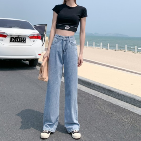 Celana Jeans Wanita Korea Style Loose High Waist Straight Pants