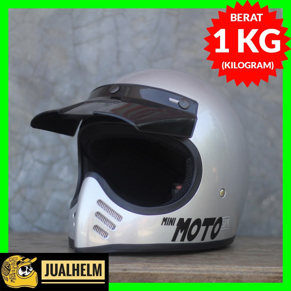 Helm Cakil Mini Moto 3 Enduro Trail Silver Glossy (Vintage / Retro / Bogo / Klasik / Classic )